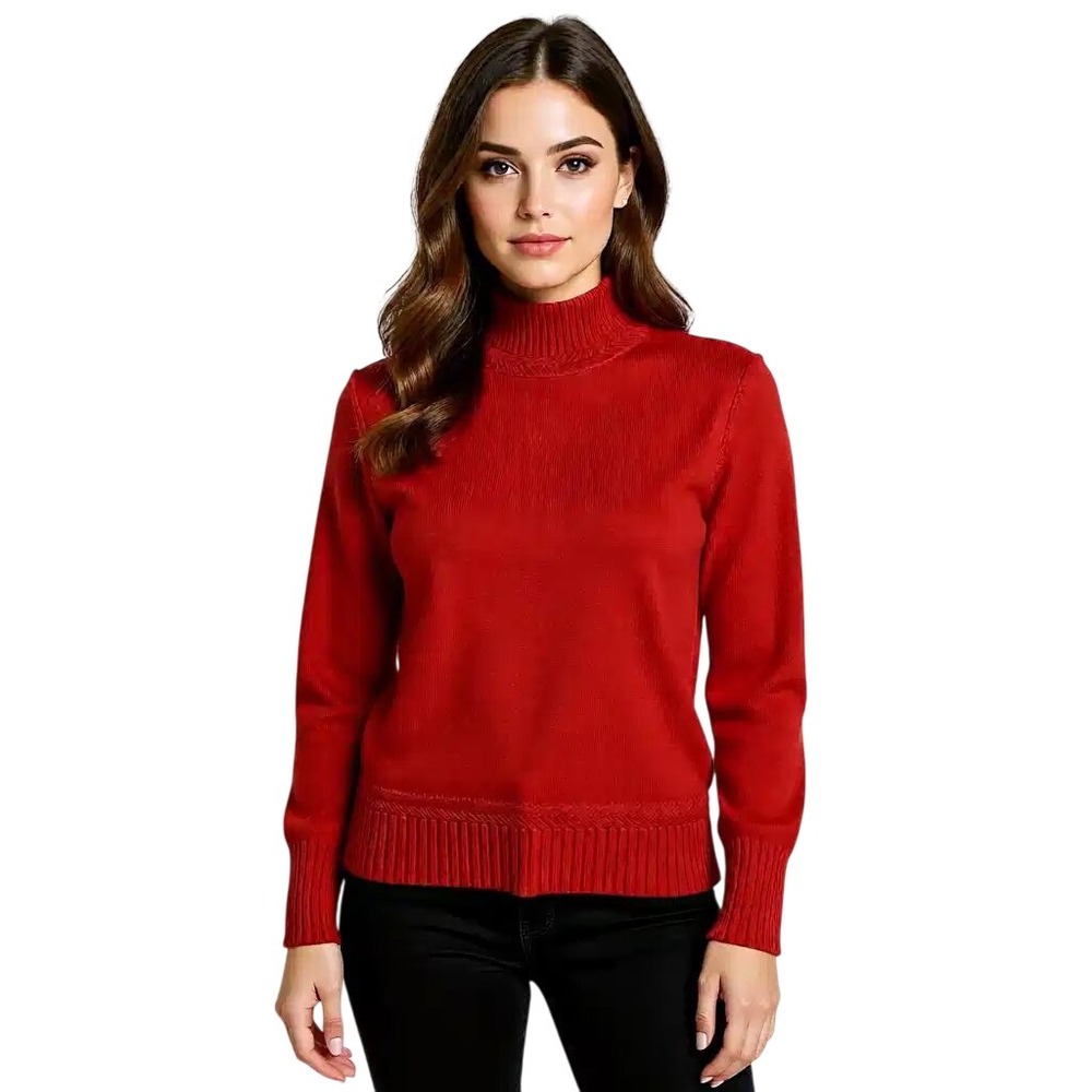 Tahari Red Mock Neck Knit Sweater Long Sleeve Ribbed Cuffs Wool Blend Med NWT